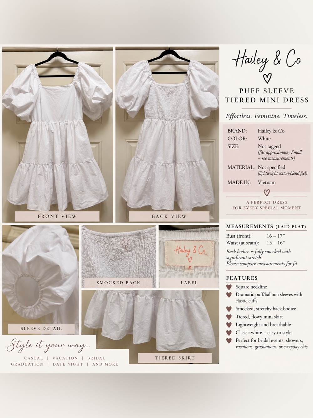 Hailey & Co White Puff Sleeve Tiered Mini Dress Smocked Back Cottagecore